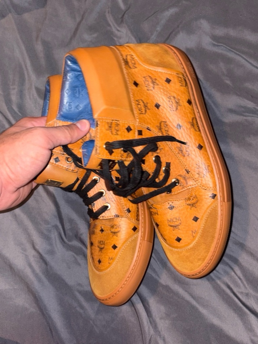 MCM Men's Tan/Blue Branded High-Top Sneakers